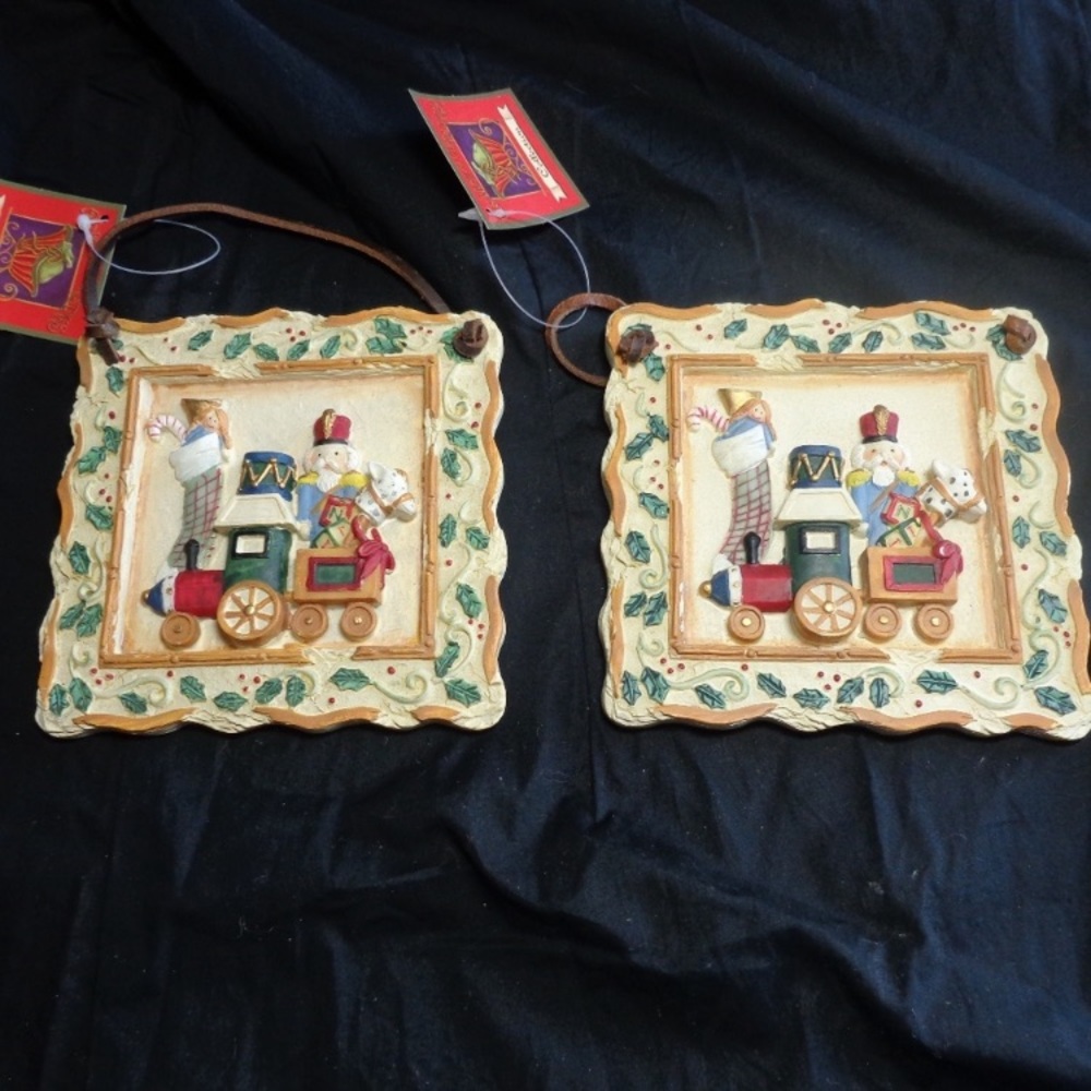 2 Vintage Christmas Toy themed holiday hanging wall or door decor 5 1/4x 5 1/4